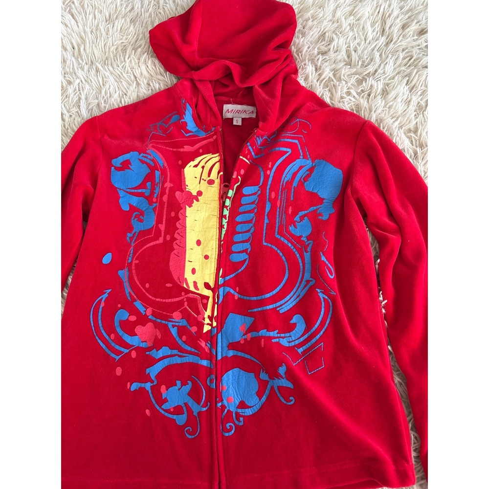 MIRIKA‎ Red Velour Hoodie Graphic Print Zip Up Casual Womens Size S
